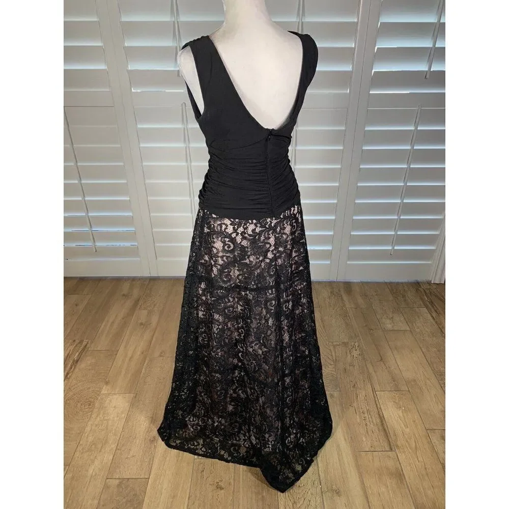 Y2K Black Evening Dress Retro Ruched Lace Skirt 6 Prom Formal SL Fashions Beauty